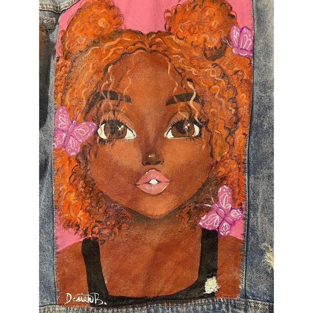 Custom Hand Painted Denim Jacket Women's Small Distressed Blue Wearable Art - Picture 3 of 16